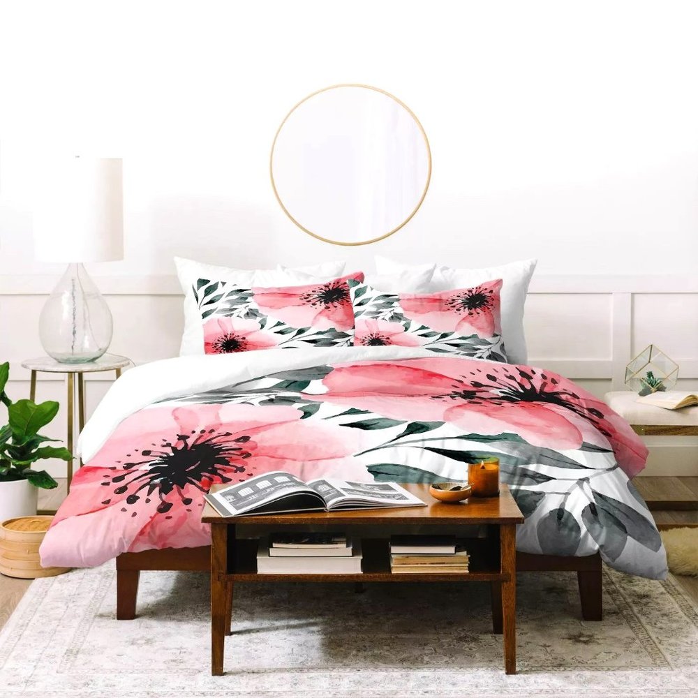 Deny Designs Pink, Black & Grey Floral Duvet Cover & Sham Set, Queen, Brand New!